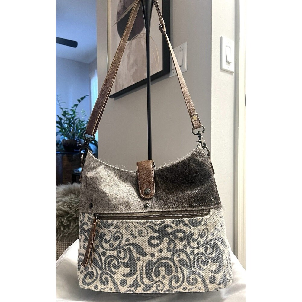 MYRA BAG Flourish Shoulder Bag Cowhide Leather Canvas Rug Boho Western Hobo glam